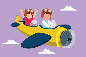 Graphic flat design drawing little boy operating plane and girl as passengers. Kids flying in airplane. Flying plane like real pilot, dreaming of piloting profession. Cartoon style vector illustration