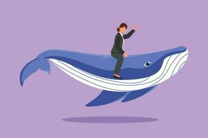 Graphic flat design drawing brave businesswoman riding huge dangerous blue whale. Professional entrepreneur character. Successful business woman. Business metaphor. Cartoon style vector illustration