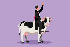 Character flat drawing young businessman riding cow symbol of success. Business metaphor concept, looking a goal, achievement, leadership. Professional entrepreneur. Cartoon design vector illustration