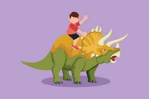 Cartoon flat style drawing bravery little boy caveman riding triceratops. Adorable kids sitting on back of dinosaur. Stone age children playing. Ancient human life. Graphic design vector illustration