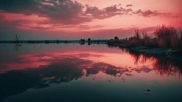 un escena en cuales el todo rosado cielo es reflejado en el agua. ai generativo foto