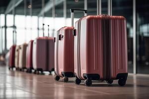 Luggage suitcases at the airport wide banner with copy space area for vacations and holiday travel concepts. photo