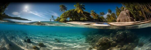 Photograph of beautiful inviting beach scene with blue sky. photo