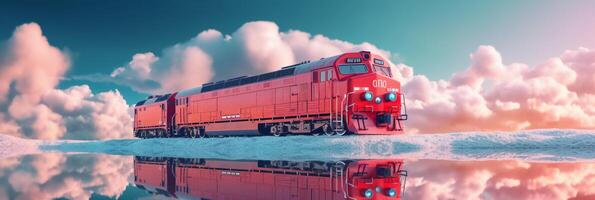 un tren es de viaje en lago, agua superficie refleja el cielo. ai generativo foto