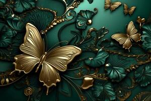 abstract floral background with green flowers and golden butterfly. photo