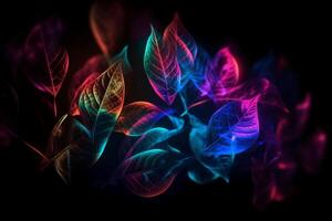 Defocused neon overlay. Blur led glow. Leaf texture glare. Blur fluorescent purple red decorative illumination motion on dark black abstract background. AI Generative photo