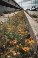 Some flowers that are lined up on the side of a road. photo