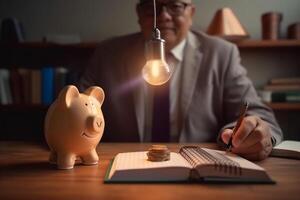 idea for save or investment. businessman holding lightbulb beside piggy bank and coins stacking on desk with note book. photo