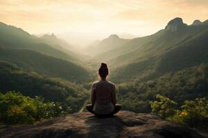 un persona meditando en parte superior de un colina, con vista a un vasto paisaje de montañas y bosque. ai generativo foto