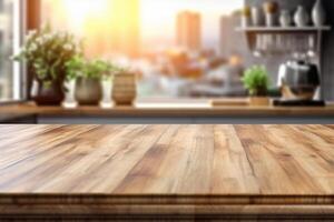 Wooden table top on blur kitchen room background. photo