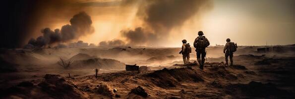 Military special forces soldiers crosses destroyed warzone through fire and smoke in the desert, photo