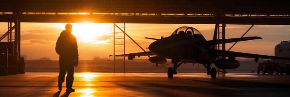 Sunset backlit view of military fighter jet pilot beside parked military airforce plane next to barracks or hangar as wide banner with copyspace area for world war conflicts. photo