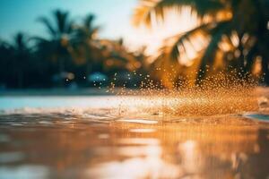 Beautiful background for summer vacation and travel. Golden sand of tropical beach, blurry palm leaves and bokeh highlights on water on sunny day. photo