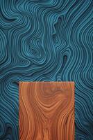 Brown wood grain podium with blue pattern background, front view. photo