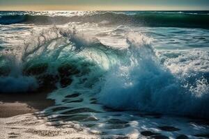 soleado día, belleza de marina naturaleza, fuerza y poder de el agua elemento en formar de un grande turquesa mar ola estrellarse en costa. ai generativo foto