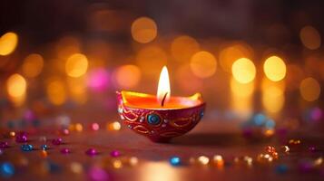 A Diya oil lamp, Diwali concept, blurred Hindu festival of lights celebration background. photo