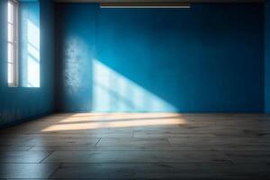 Blue empty wall and wooden floor with interesting light glare. Interior background for the presentation. photo