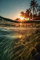 Photograph of beautiful inviting beach scene with sunset sky. photo