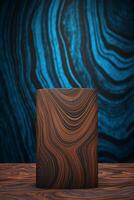 Brown wood grain podium with blue pattern background, front view. photo