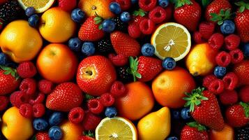 Juicy fruits top view background. photo