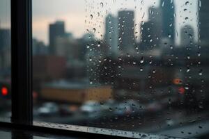 Photography of raindrops on the windows glass in focus with blured city skyline in the background. photo