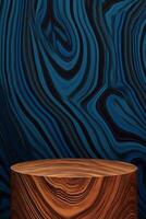 Brown wood grain podium with blue pattern background, front view. photo