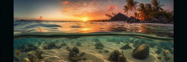 Photograph of beautiful inviting beach scene with pink sunset sky. photo