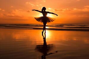 el silueta de un bailarina en el puesta de sol playa. ai generativo foto