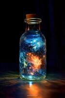 Glowing galaxy in a glass bottle. photo