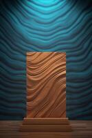 Brown wood grain podium with blue pattern background, front view. photo