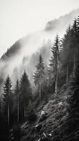 Mountain forest with mist and fog. photo