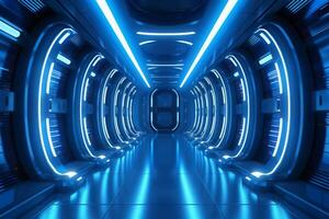 Futuristic background science fiction interior and blue light architecture corridor. photo