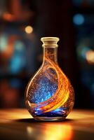 Glowing galaxy in a glass bottle. photo