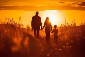 silueta de contento familia caminando en el prado a puesta de sol. ai generativo foto