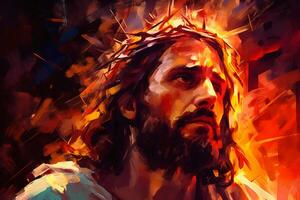 Jesus with a crown of thorns surrounded by glowing light Palette knife drawing. photo