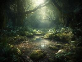 Glade in a cinematic magical forest. photo