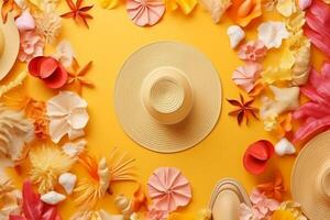 Yellow colored summer vacation, travel and summer holiday background. photo