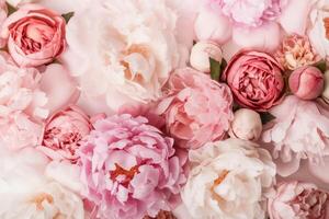 peonias, rosas en blanco antecedentes con Copiar espacio. resumen natural floral marco diseño con texto espacio. romántico femenino composición. Boda invitación. ai generativo foto