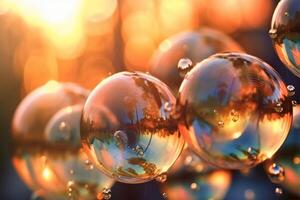 Soap bubbles against a blurred light background. photo