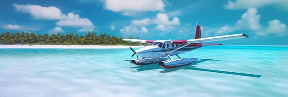 A stunning view of a sea plane gracefully landing on a pristine white sandy beach. photo