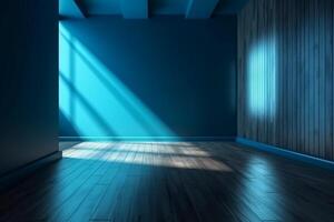 Blue empty wall and wooden floor with interesting light glare. Interior background for the presentation. photo