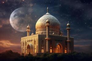 The mosque, Kareem lantern, Blurred star in night sky background, Eid al adha concept. photo