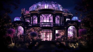 Black house royal exterior, oval villa, maximalism, flowers, devine, aestetic, purple light, hypermaximalist, swarovsky crystals, detailed, exquisite. photo