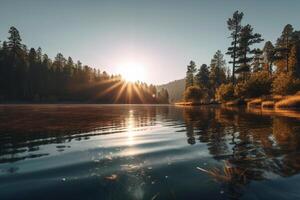 Lake, crisp radiant reflections, sunlight gleaming. photo