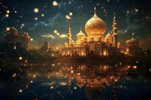 The mosque, Kareem lantern, Blurred star in night sky background, Eid al adha concept. photo