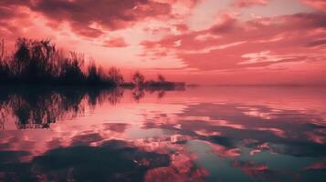 un escena en cuales el todo rosado cielo es reflejado en el agua. ai generativo foto