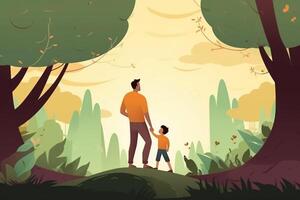 Illustration of father with his little child, tree in the background. Concept of fathers day, fathers love, relationships between father and child. photo