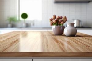 Wooden table top on blur kitchen room background. photo