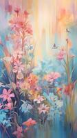 un pintura de lozano plantas, flores, y flores en rosado. ai generativo foto