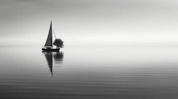 white image of a lone sailboat on a calm sea, photo